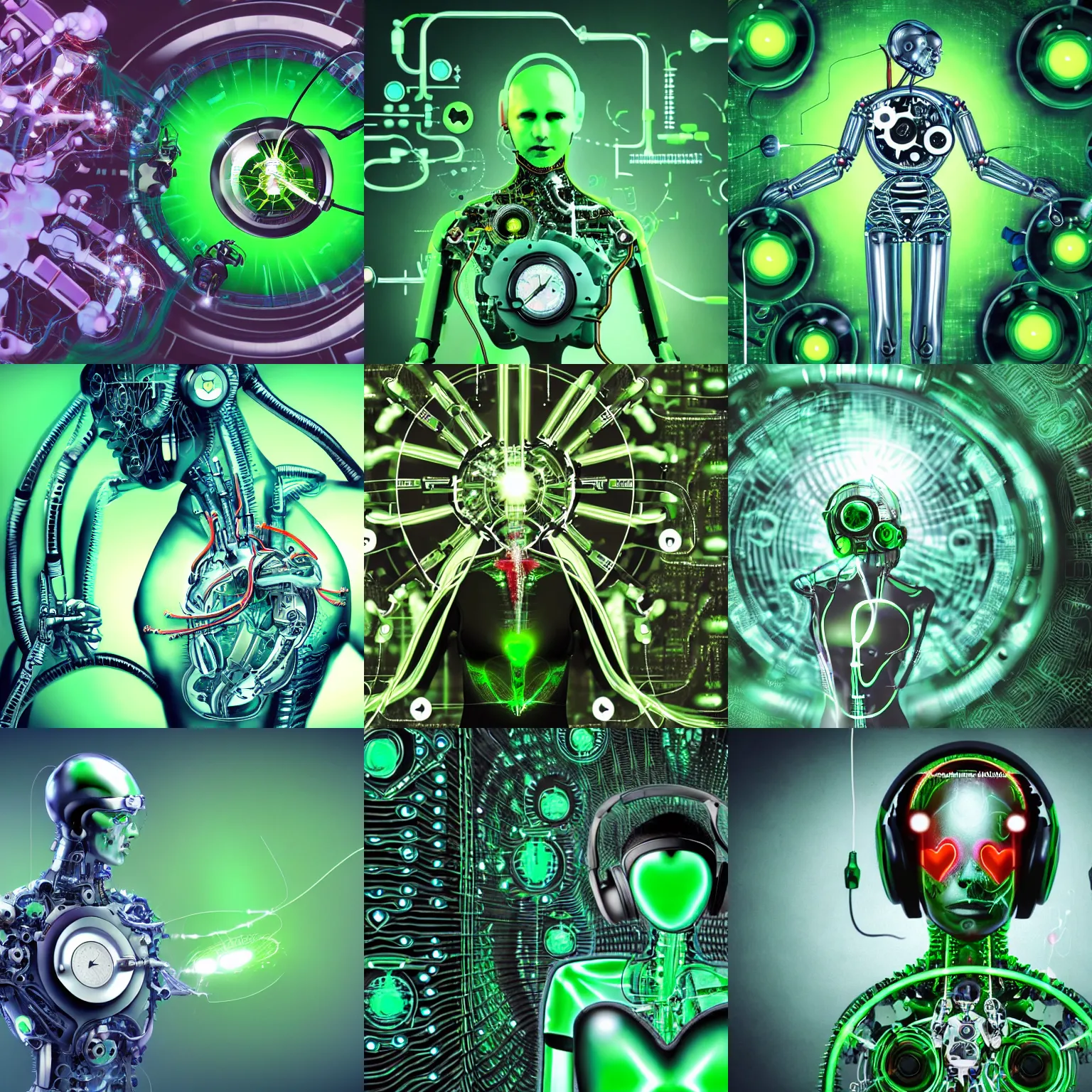 Prompt: a sci - fi mechanical exploding pulsating human green anatomical heart, clockwork mechanical, sci - fi jewellery, hyper realistic, human anatomy, robot, listening to music through headphones, background is a green cotton surgical sheet