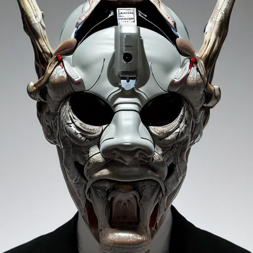 Image similar to man with scifi mask as a god, actuators, carbon fiber, white plastic, bones and wires, soft light painted by james jean and katsuhiro otomo and erik jones, inspired by akira anime, smooth face feature, intricate oil painting, high detail illustration, sharp high detail, manga and anime 1 9 9 9