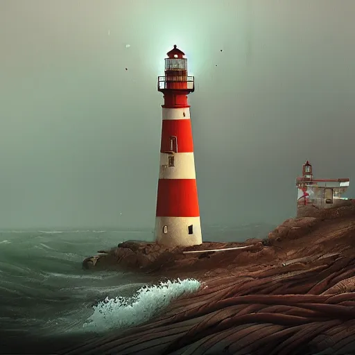 Image similar to lighthouse in a stormy sea, mechanic, robotic, abandoned, overgrown, cables, concept art by simon stalenhag