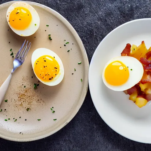 Prompt: a potato egg and bacon breakfast, yummy, 4k, professional photo