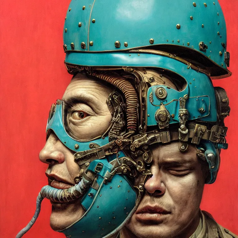 Prompt: hyperrealistic detailed portrait of a military brutal character in ornate dollars fighter pilot helmet, in background turquoise plastic bag, rich deep colors, ultra detail, by francis bacon, james ginn, petra courtright, jenny saville, gerhard richter, zdzisaw beksinski, takato yamamoto. masterpiece, elegant fashion studio ighting, 3 5 mm