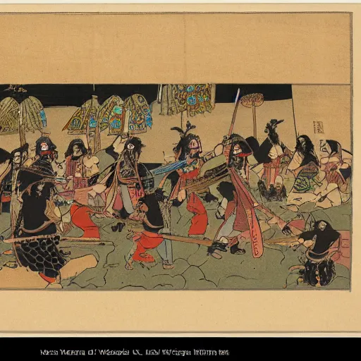 Prompt: late meiji period, colored woodblock print, conan the barbarian