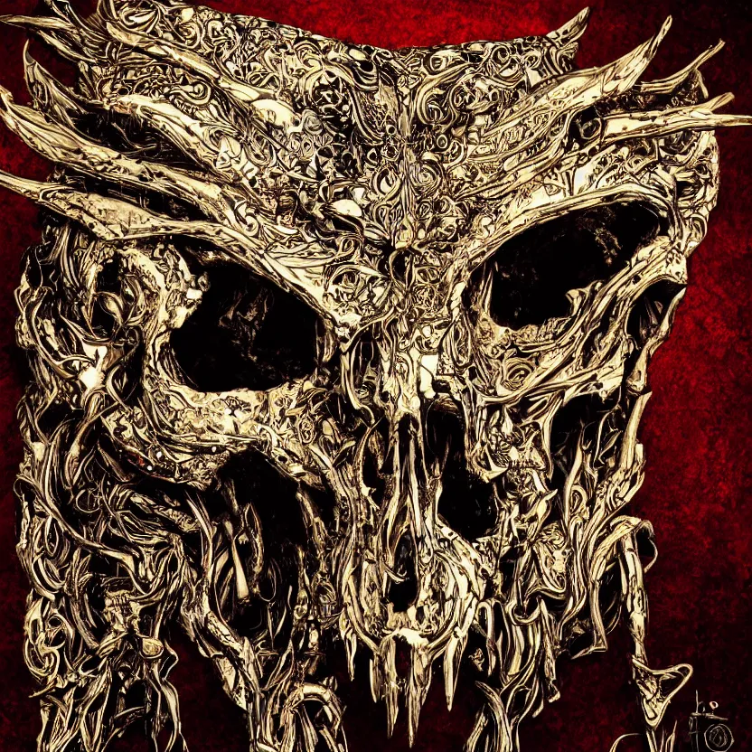 Image similar to photo portrait portrait of skull of wolf, lying on bones, dramatic lighting, golden ornaments, symmetric, intricate skeletal decorations, symmetry, highly detailed, concept art, black, red, white, gold layers, super moon, style of nekroxiii, hyperrealistic, dark background, smoke