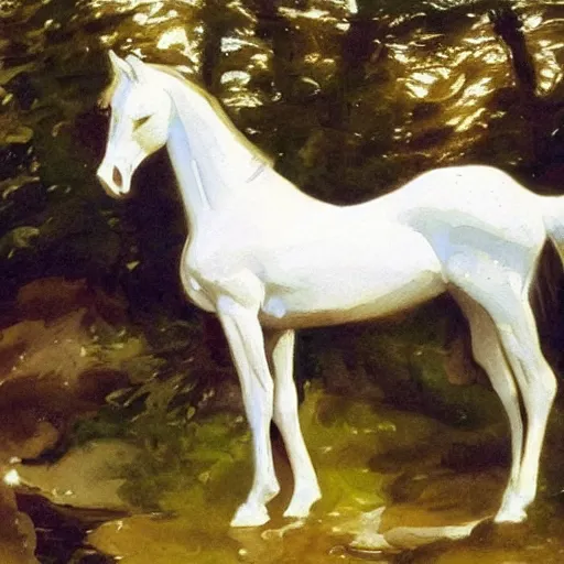 Image similar to A beautiful water painting of an elf Horse in the forest, John Singer Sargent