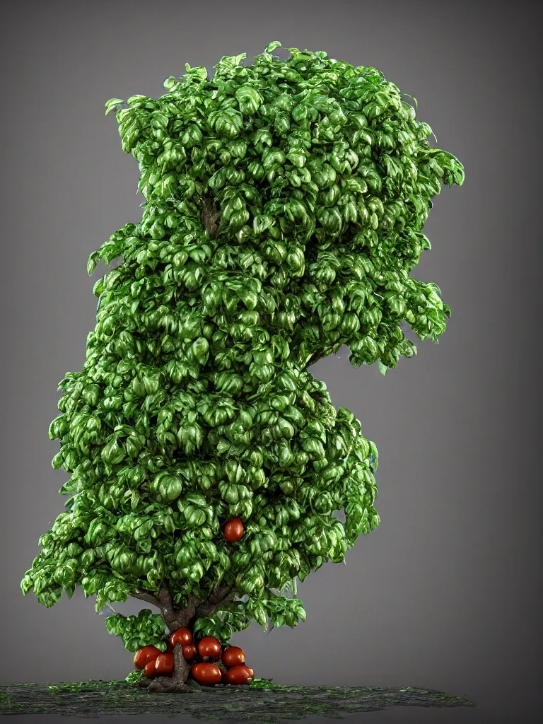 Image similar to highly detailed 3 d render of a mythical tree with sparse leaves of tomatoes and mozzarella balls and basil leaves, hyper realistic octane render, cinematic lighting, deviantart, lowbrow, surrealism, pixar still