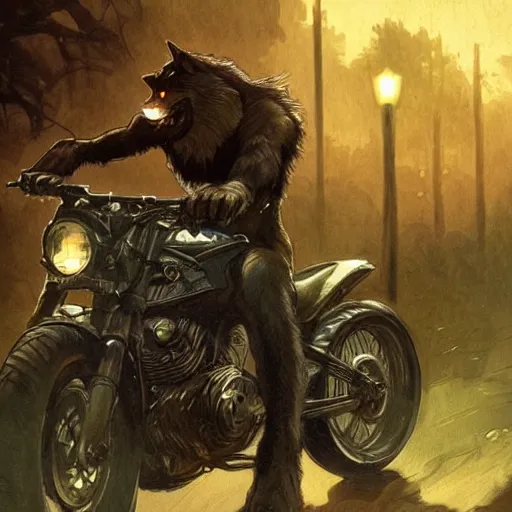 Image similar to werewolf riding motorcycle along a dark street in the woods, concept art, smooth, sharp focus, illustration, art by artgerm and greg rutkowski and alphonse mucha