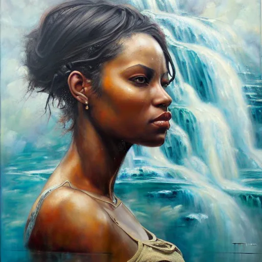 Prompt: side view portrait of a young beautiful woman, nature elements, waterfalls, painting, by dimitra milan, by tim okamura.