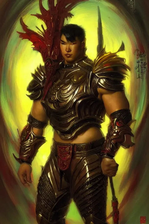 Image similar to attractive beefy male with armor, asian style, character design, colorful, neon lights, painting by gaston bussiere, craig mullins, j. c. leyendecker, tom of finland