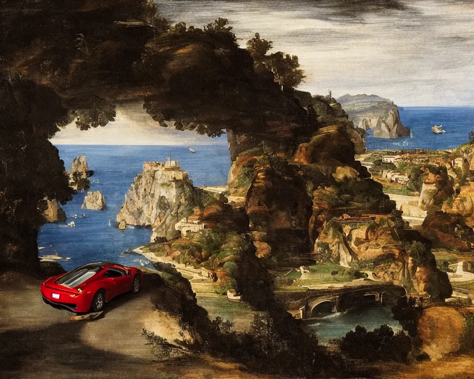 Prompt: a magnificent oil painting of a Ferrari 458 driving along a cliffside road on the Amalfi coast, in a thunderstorm, by Raphael, Caravaggio, and Titian.