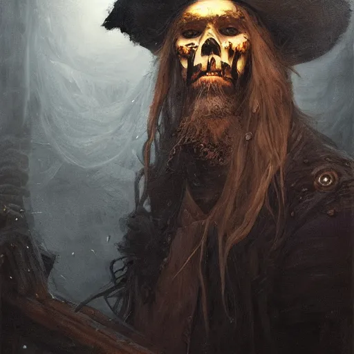 Prompt: masterpiece portrait painting a dirty skull masked old slim pirate lord with a black hat, long beard, long hair, black coat, ragged and torn, wooden inn by torchlight, by greg rutkowski and noah bradley, trending on artstation