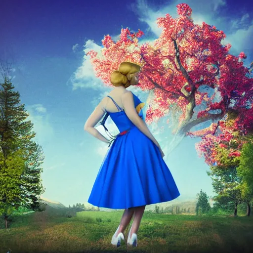 Image similar to giant alice in wonderland, pin up, houses, trees, mountains, woman, city, digital art, photo, blue dress, photoshop, flowers, collage