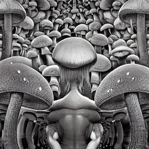 Image similar to mushroom man, fungus, freak show, surrealism, fractalism, strange, hyperdetailed, photorealistic, interesting, benoit b. mandelbrot, m. c. escher, patrick woodroffe, ernst fuchs, zdzisław beksinski, id magazine, octane, cinematic, hyperrealism, 8 k, depth of field, bokeh