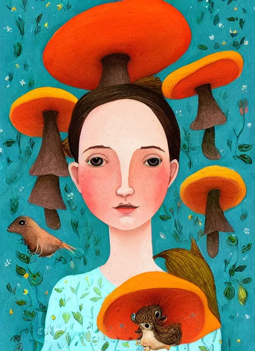 Prompt: a wonderful childrens illustration book portrait painting of a woman, art by tracie grimwood, colorful, mushrooms, birds, squirrel, whimsical, aesthetically pleasing and harmonious natural colors