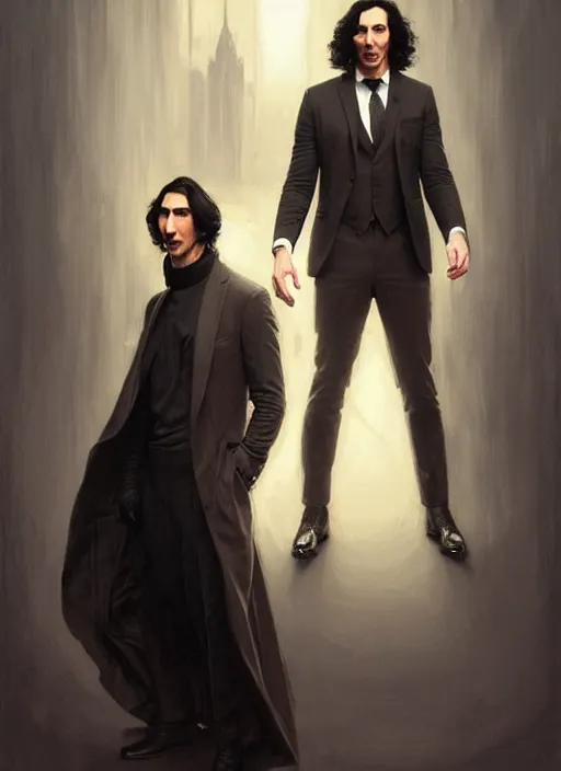 Image similar to painting of both john oliver and adam driver together, john oliver in front, full body, elegant, beautiful, highly detailed, centered, dark, smokey, digital painting, concept art, smooth, sharp focus, illustration, deviant art, art by artgerm, art by greg rutkowski, art by alphonse mucha