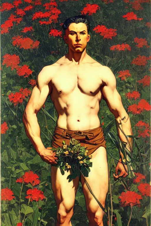 Image similar to attractive man in flower field, muscular, painting by j. c. leyendecker, yoji shinkawa, katayama bokuyo