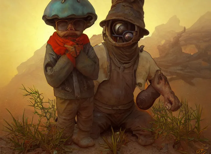 Image similar to a forgotten garden gnome surviving in a vast barren desert, hopeless wasteland background with a relentless raging sun overhead, hot, oppressive, an ultrafine detailed painting by stanley artgerm lau, greg rutkowski, thomas kindkade, alphonse mucha, loish, trending on deviantart, pop surrealism, whimsical, lowbrow, perfect symmetrical face