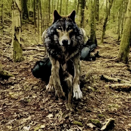 Image similar to werecreature consisting of a human and wolf, photograph captured in a forest