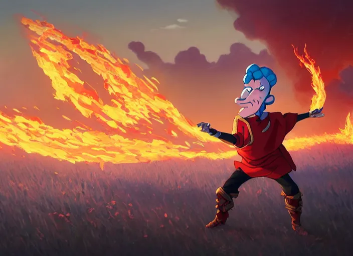 Prompt: squidward wearing fire nation clothing and practicing firebending in an open field at susnset, digital art, highly detailed, intricate, 8 k, greg rutkowski, artgerm