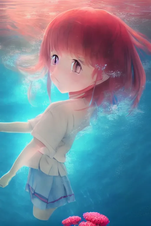 Prompt: 3d infrared render portrait of beauty 3d anime schoolgirl with japanese school uniform underwater sunrise. blue water dispersion. jellyfish and pink flowers underwater. dramatic light, trending on artstation, art by hiro kiyohara and hayao miyazaki oil painting