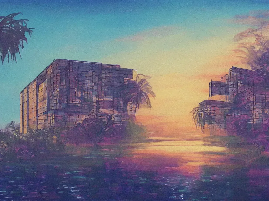 Prompt: A beautiful painting of a building in a serene landscape, retrowave