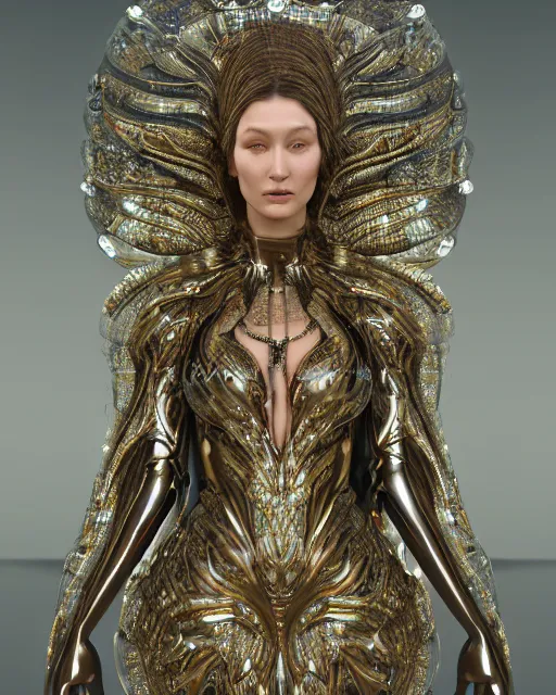 Image similar to a highly detailed metahuman 4 k close up render of an alien goddess bella hadid monument renaissance in iris van herpen dress schiaparelli in diamonds crystals swarovski and jewelry iridescent in style of alphonse mucha gustav klimt trending on artstation made in unreal engine 4