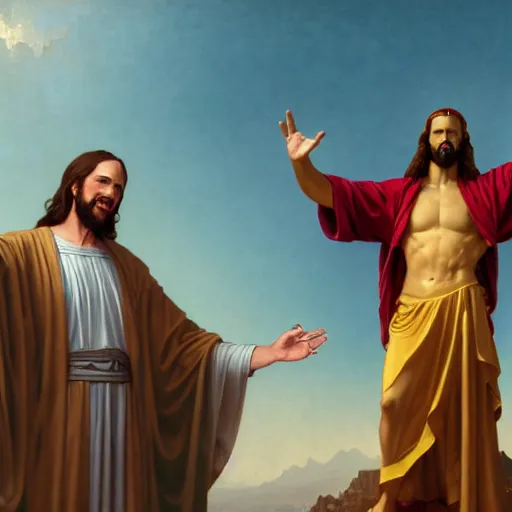 Image similar to buddy christ from dogma as christ the redeemer pointing both fingers in front of him, dynamic composition, dramatic lighting, trending on artstation, award winning art, stylized painting, ultrawide lens, aerial photography, rio de janeiro, 4 k, art by william bouguereau, alphonse mucha, greg rutkowski,