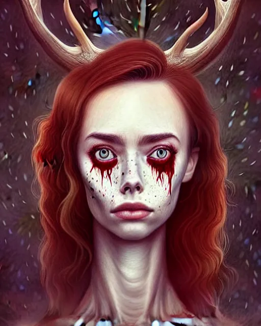 Image similar to surrounded by trees, full body realistic character concept, gorgeous Kacey Rohl, red hair, small freckles, Wendigo creature antlers deer skull face, symmetrical face, symmetrical eyes, covered in blood, dark forest, trees, shorter neck, cinematic lighting, Joshua Middleton and artgerm, fear anxiety terror