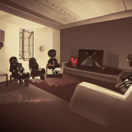 Image similar to pov shot behind a a family sat on a sofa watching mind control TV propoganda in an eerie room, trending on artstation, dystopian and depressing