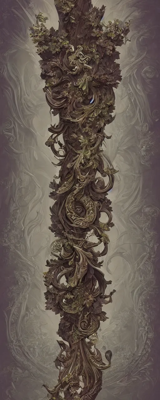 Image similar to beautiful fantasy giant sword carved with decorative ornament, acanthus scrolls, lilies, ivy, energy, geometry, bones, petals, stems, ceremonial clouds, dripping paint, fibonacci rhythm, artstation, artgerm, wlop, symmetric ornaments