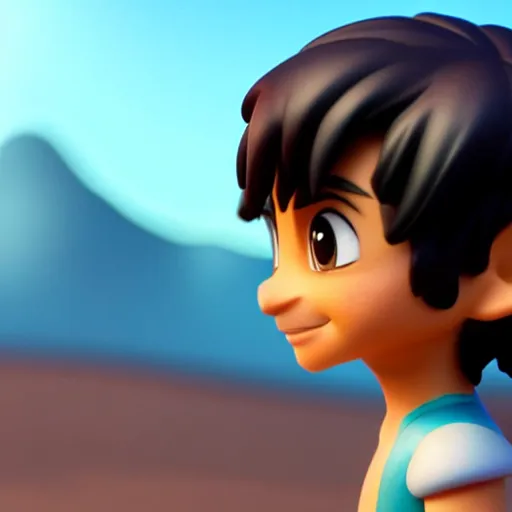 Image similar to a profile view of young aladdin as nendoroid walking in a desert in the croods movie style, anime, disney, pixar, 8 k, hd, dof, kodak film, volumetric lighting, subsurface scattering, photorealistic, octane render, details