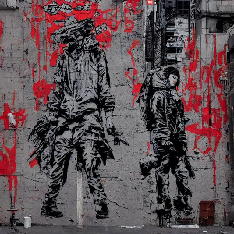 Image similar to Street-art cyberpunk Akira in style of Banksy, photorealism