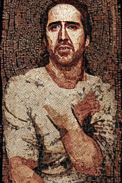 Image similar to Portrait of Nicholas Cage as a roman mosaic, 200 AD