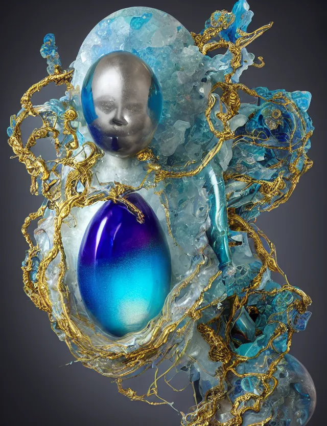 Prompt: a photo of a sculpture of a winged child made from blue and emerald and amethyst crystal geode formations with a marble egg with obsidian base with liquid gold tendrils flowing by ellen jewett by stanisław szukalski, octane render, byzantine, spirals, tendrils, elestial crystals, geode,