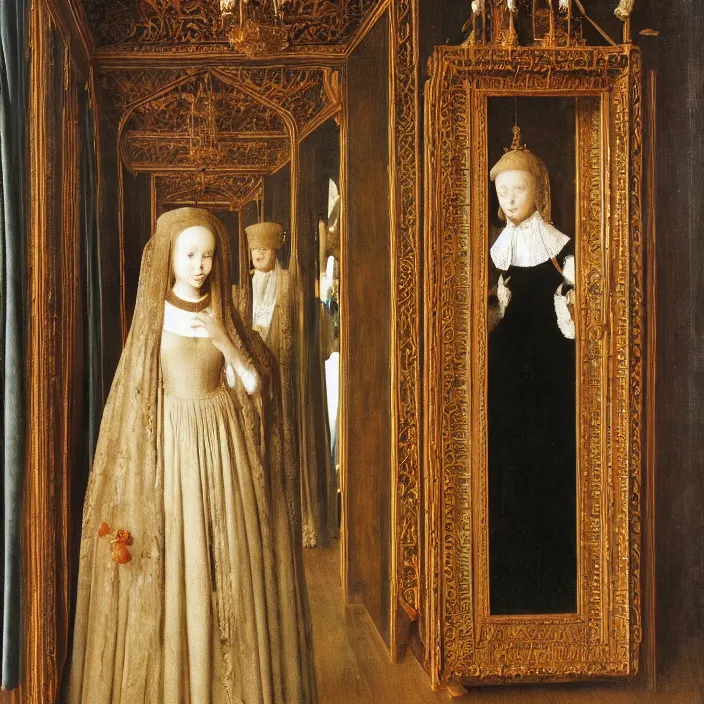 Prompt: a beautiful woman in a hall of mirrors, by Jan van Eyck