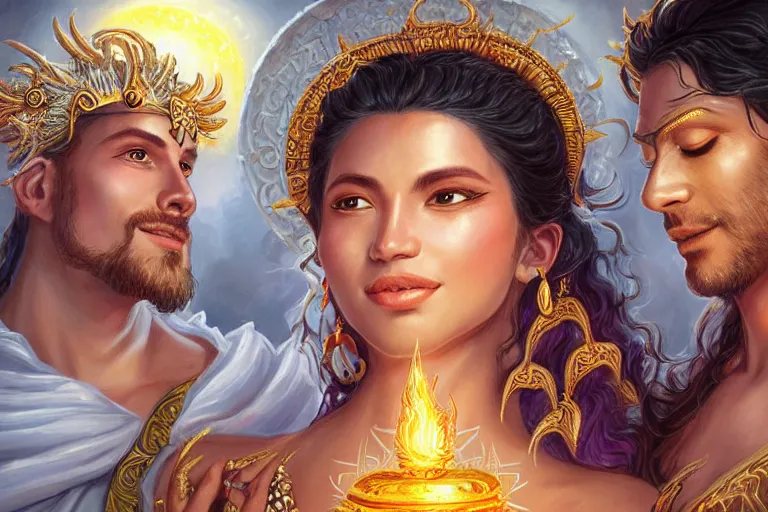 Image similar to close up moment of a divine a sun god and a moon goddess lovers magician at a wedding banquet, highly detailed, d & d, fantasy, highly detailed, digital painting, trending on artstation, concept art, sharp focus, illustration, art by artgerm and greg rutkowski and magali villeneuve