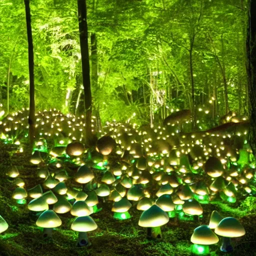 Prompt: bioluminescent jello mushrooms growing in the forest