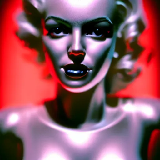 Image similar to a robot with the face of marilyn monroe, cyberpunk photo, award winning portrait, uncanny valley, dramatic lighting, detailed face, sharp focus, cinestill 8 0 0 t, sci fi art