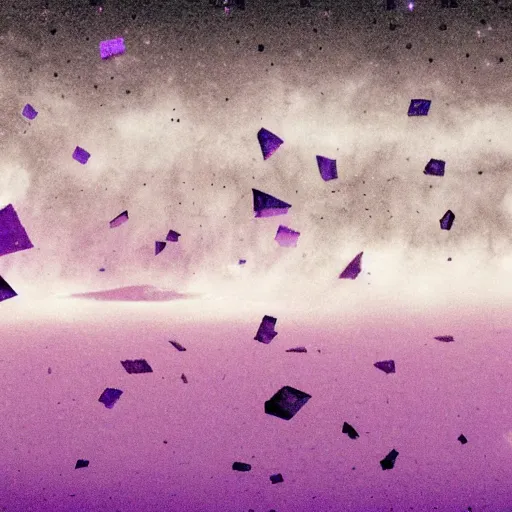 Prompt: a dark matter wind and dust pieces of purple sky with a white sun falls to the ground and breaks into fragments, futurism, schizophrenia, hyperrealistic fall