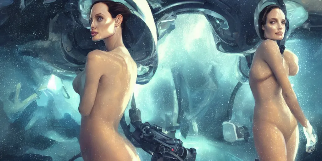 Image similar to Angelina jolie as a futuristic astronaut, underwater in the ocean at night, murky water, volumetric lighting, glowing lights, 4k, octane, digital painting, artstation, concept art, sharp focus, underwater photograph , art by artgerm and greg rutkowski and alphonse mucha , portrait,