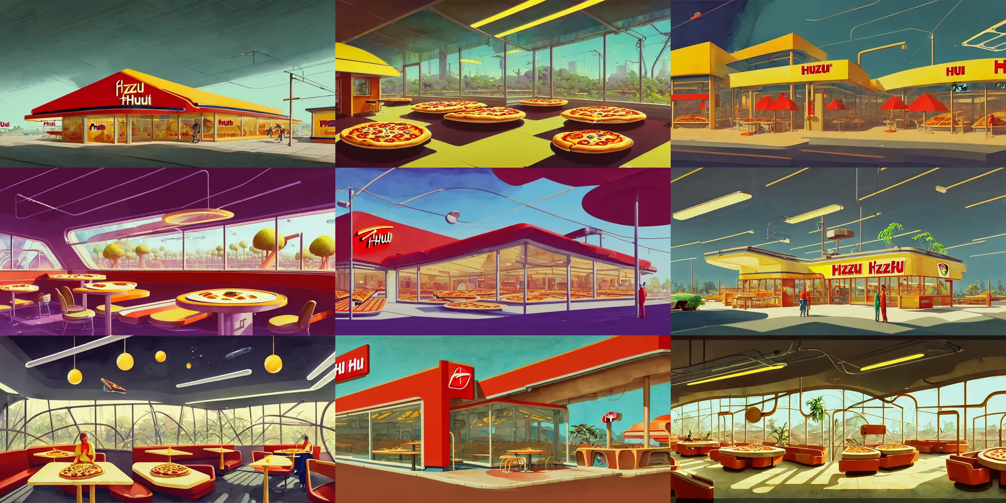 Prompt: a beautiful illustration of futuristic pizza hut, restaurant, plants, big medium small, golden ratio, in watercolor gouache detailed paintings, in style of syd mead, trending on artstation, 8 k, panel, hard surface, vent, zaha hadid, props, cozy, decoration around the room, simon stalenhag, deus ex