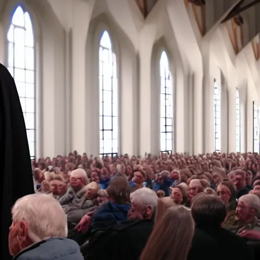 Image similar to emperor palpatine preaching to people at church, 8k cinematic lighting, very sharp detail, anatomically correct