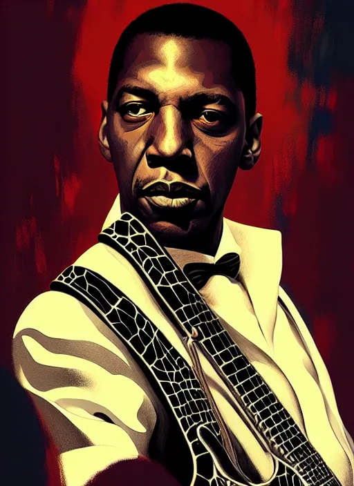 Image similar to portrait of john coltrane as a rock star, intricate, elegant, highly detailed, digital painting, artstation, concept art, smooth, sharp focus, illustration, art by wlop, mars ravelo and greg rutkowski