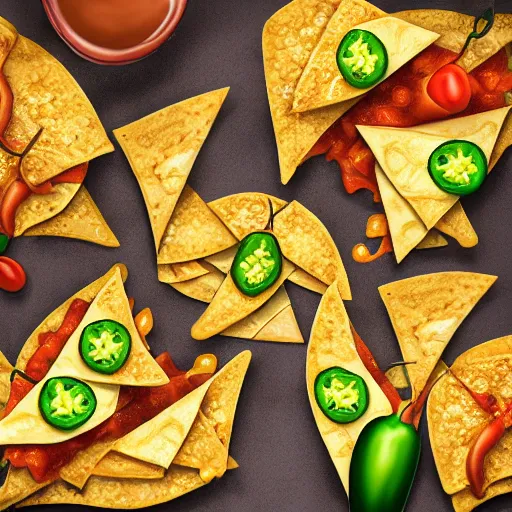 Prompt: ultra realistic illustration, isolated nachos with cheese and jalapeno, blank white background, highly detailed, digital painting, concept art, smooth, sharp