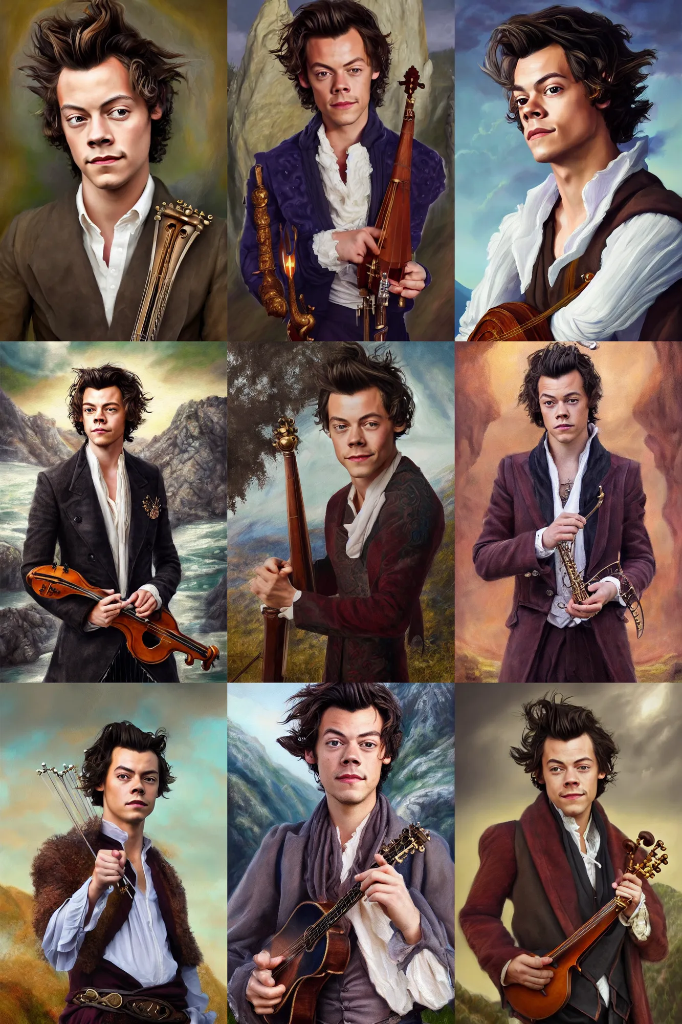 Prompt: a full body high detail fantasy portrait oil painting illustration of harry styles as elegant male bard by justin sweet with face and body clearly visible, in a scenic background, pupils visible, realistic proportions, d & d, rpg, forgotten realms, artstation trending, high quality, sombre mood, artstation trending, muted colours, entire person visible!