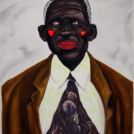 Image similar to a painting of a happy fatherly wide forehead, long nose, round face, XXL , loving, caring, generous, ever-present, humble, wise elder from Kenya in a suit by Wangechi Mutu . Fatherly/daddy, focused, loving, leader, relaxed,. ethereal lights, details, smooth, sharp focus, illustration, realistic, cinematic, artstation, award winning, rgb , unreal engine, octane render, cinematic light, macro, depth of field, blur, red light and clouds from the back, highly detailed epic cinematic concept art CG render made in Maya, Blender and Photoshop, octane render, excellent composition, dynamic dramatic cinematic lighting, aesthetic, very inspirational, arthouse.