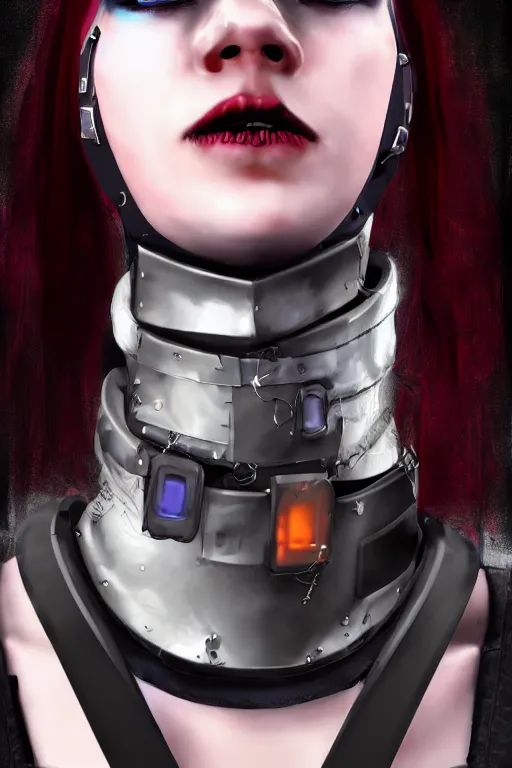 Image similar to detailed realistic female rock star cyberpunk wearing thick technological collar around neck, realistic, art, beautiful, 4K, collar, choker, collar around neck, punk, artstation, detailed, female, woman, choker, cyberpunk, neon, punk, collar, choker, collar around neck, thick collar, tight around neck, punk,