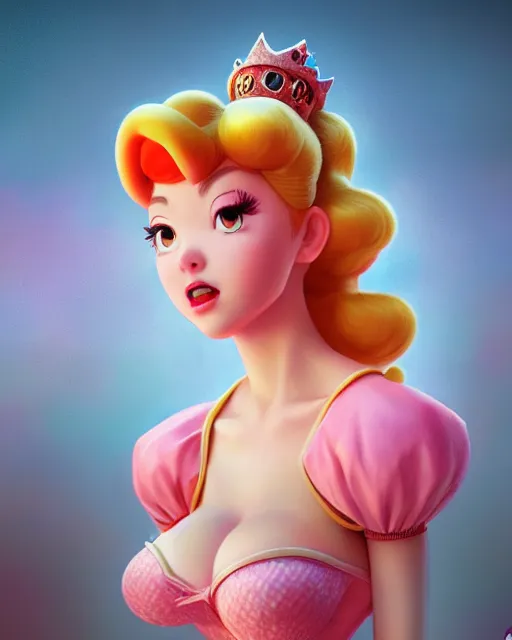 Prompt: an epic comic book style full body portrait painting of sexy princess peach, elegant, character design by Mark Ryden and Pixar and Hayao Miyazaki, unreal 5, DAZ, hyperrealistic, octane render, cosplay, RPG portrait, dynamic lighting, intricate detail, summer vibrancy, cinematic