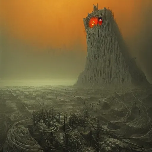 Prompt: a creature of darkness crawling forebodingly in a post - apocalyptic ecumenopolis packed with tumultuous fires, illustrated by zdzisław beksinski, cgsociety, artist interpretation, artstation, contemporary art, 4 k, 8 k, artstation digital, artstation horror, trending on behance