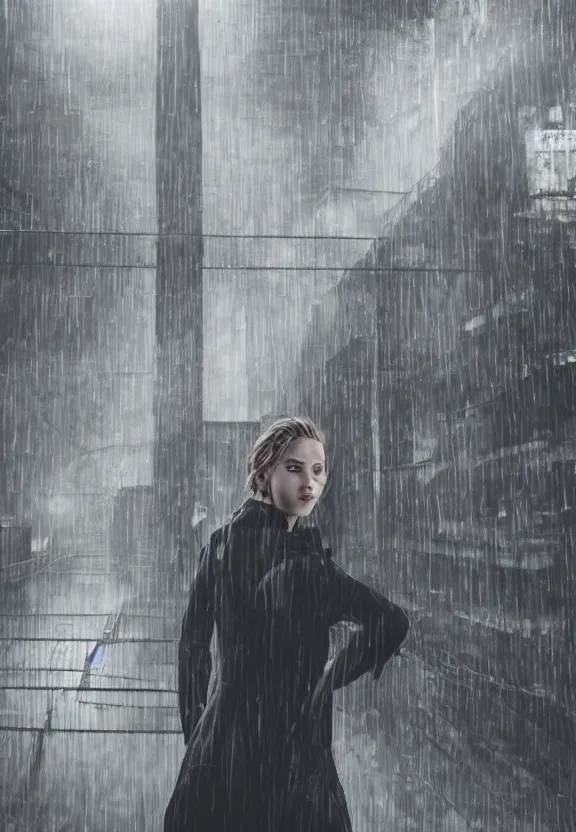 Image similar to cute model annie leonhart posing in dunwall city building roof, beautiful face, detailed face, realistic eyes, cinematic lighting, rainy weather, melancholy atmosphere, volumetric light, gothic architecture, realistic reflections, model agency, instagram photo, depression atmosphere, shot on sony camera, beauty filter, postprocessing