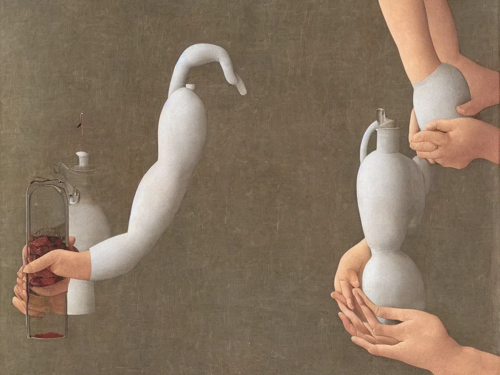 Prompt: Close up of delicate hands holding a water jug. Painting by Alex Colville, Piero della Francesca